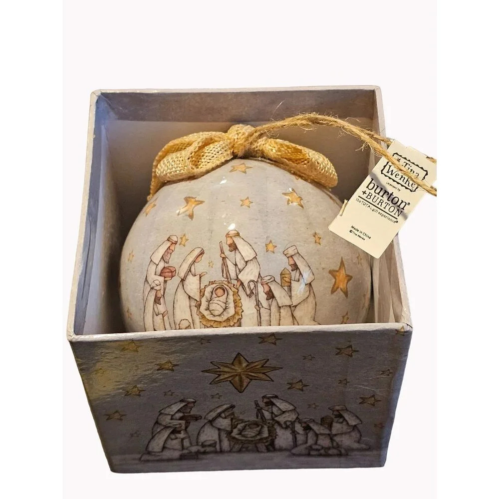Pair of Burton + Burton Ball Ornaments Tina Wenke Nativity Oh Holy Night In Box